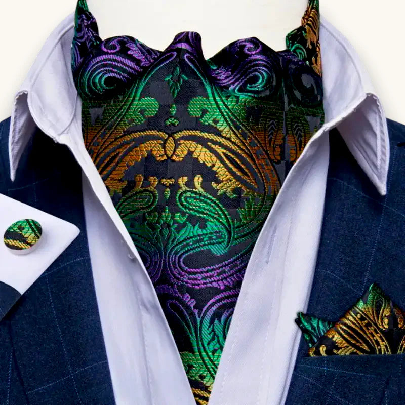 Vibrant multicolored paisley Ascot Color cravat with green, purple, gold patterns
