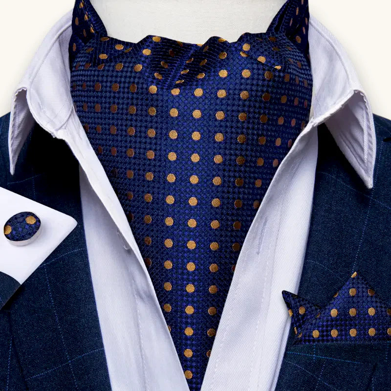 Navy blue silk Ascot Cravat for Men with gold polka dots