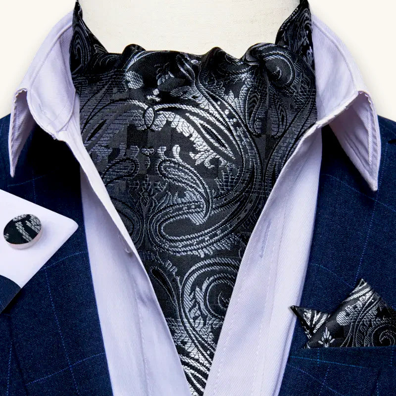 Elegant black and silver paisley Ascot Cravat Pattern on white shirt
