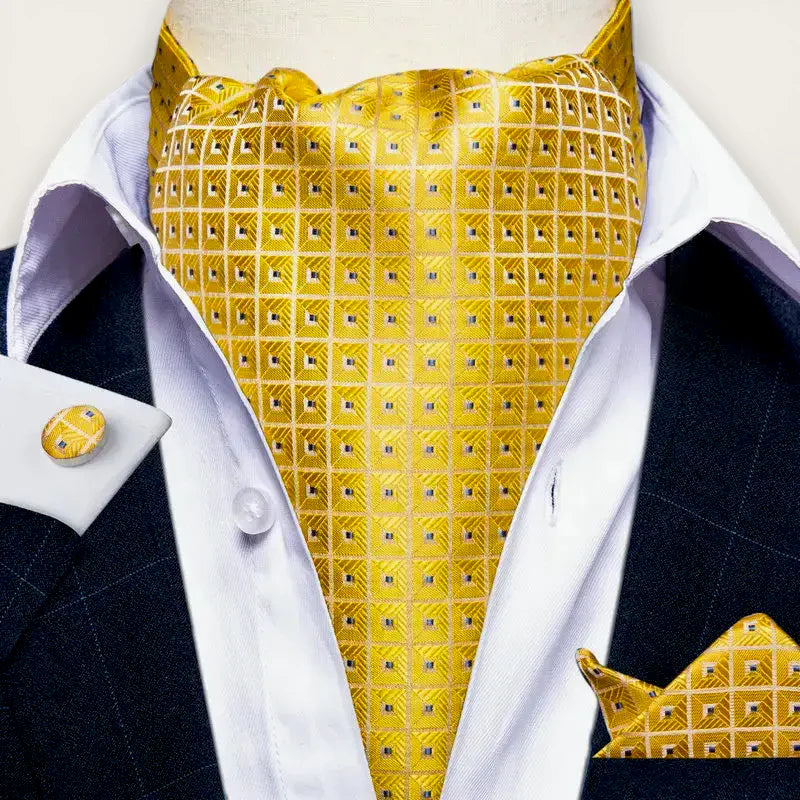 Golden patterned Ascot Knot Scarf with geometric grid silk-like cravat