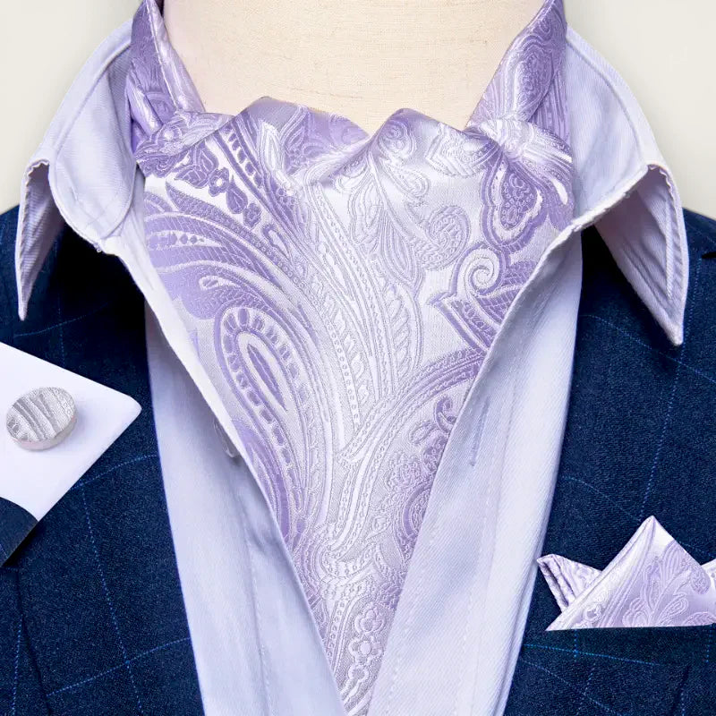 Lavender paisley silk cravat with matching pocket square and cufflinks