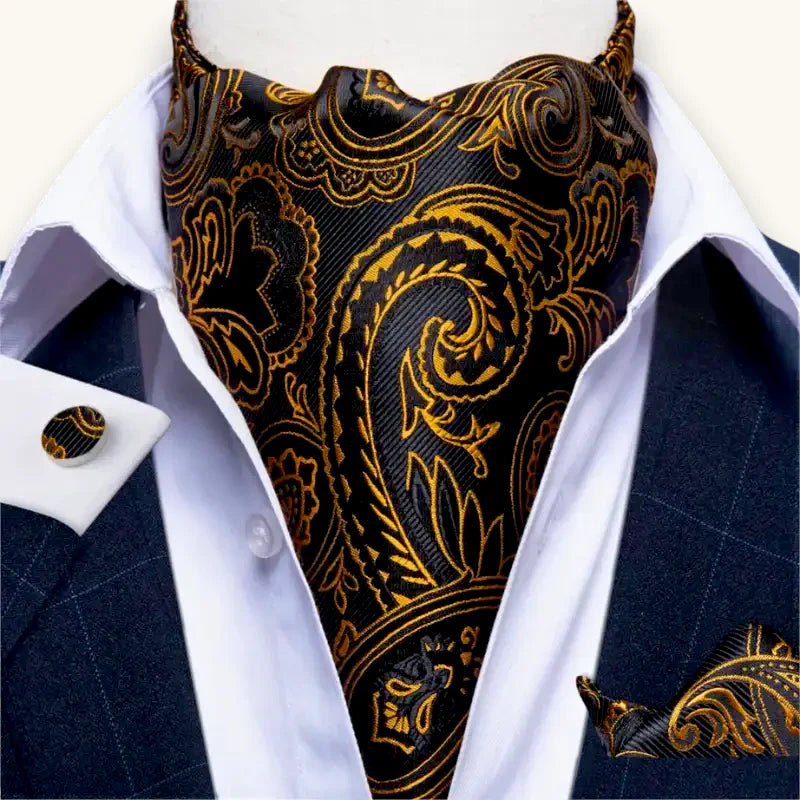 Elegant black and gold paisley Ascot Neck Tie on white shirt