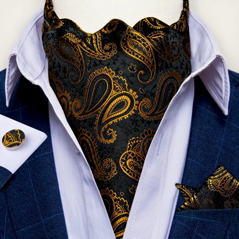 Black and gold paisley silk cravat with intricate embroidery Ascot Scarf Pattern