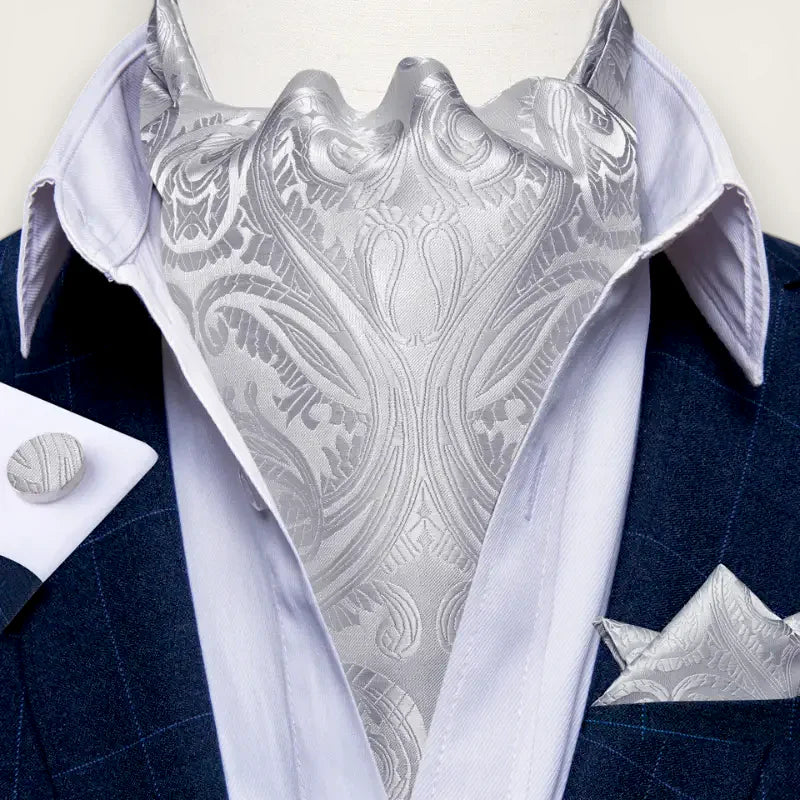 Silver paisley Ascot Scarf Tie cravat with pocket square and cufflinks
