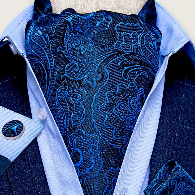 Rich navy blue silk Ascot scarf with light blue floral scrollwork patterns