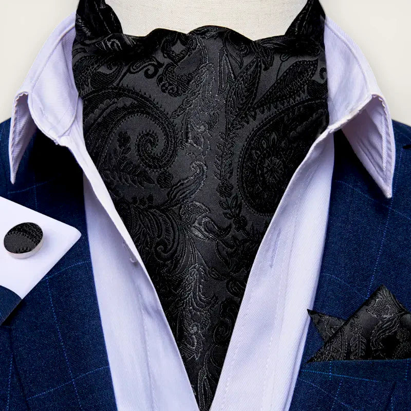 Black satin Ascot style scarf with silver paisley pattern