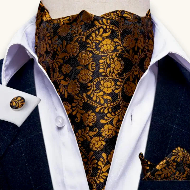 Elegant black gold floral damask ascot tie on white shirt
