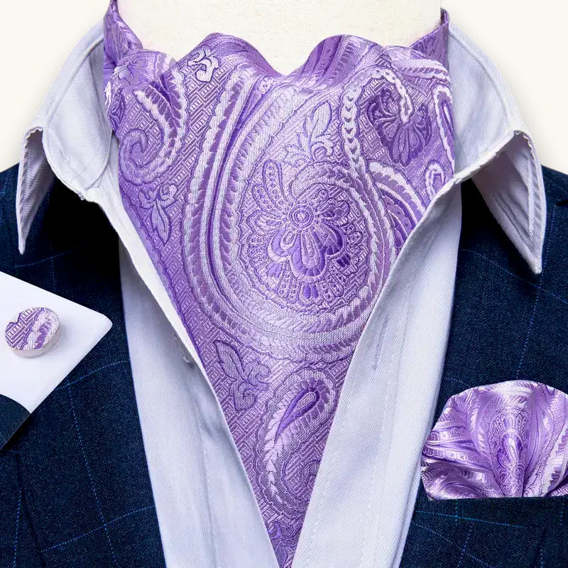 Luxurious lavender paisley Ascot Tie Patterns cravat on suit