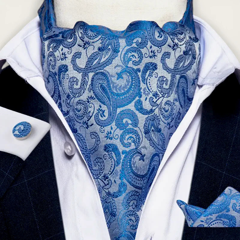 Blue paisley Ascot Tie Suit cravat on white shirt and dark jacket