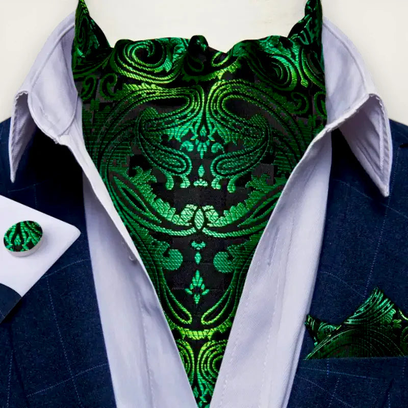 Vibrant emerald green black paisley Ascot Tie Wedding cravat