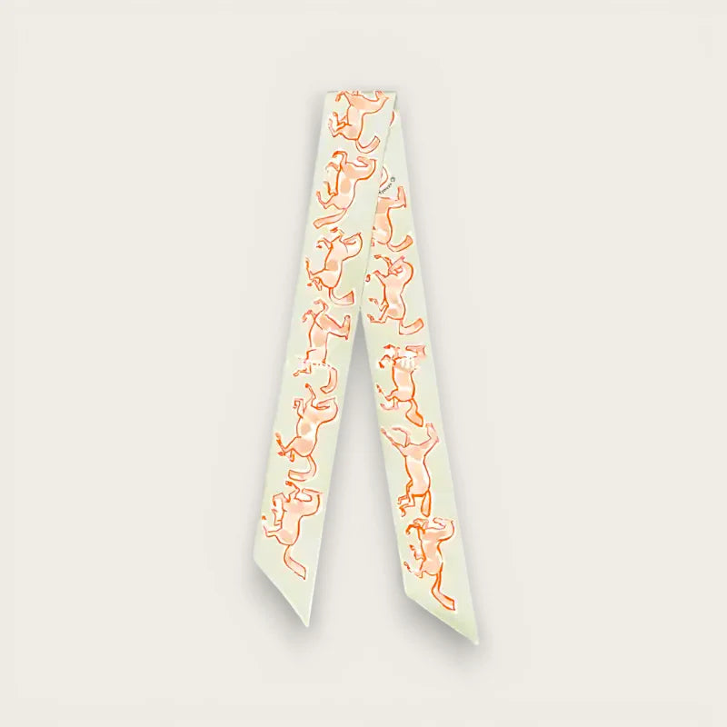 Delicate cream silk Bag Scarf Tie with peach stylized horses
