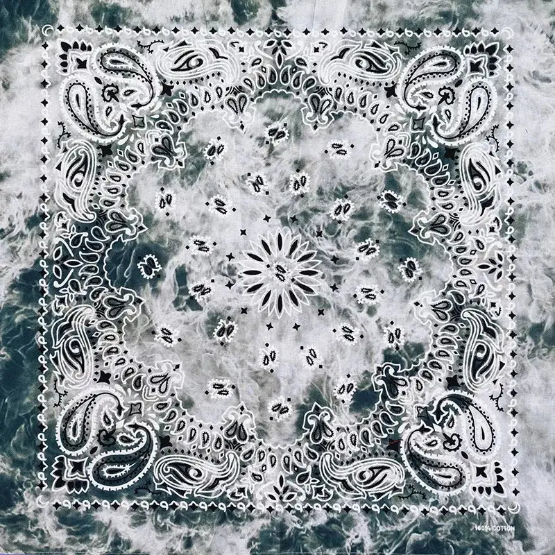 Black and white paisley bandana neck scarf on tie-dye background