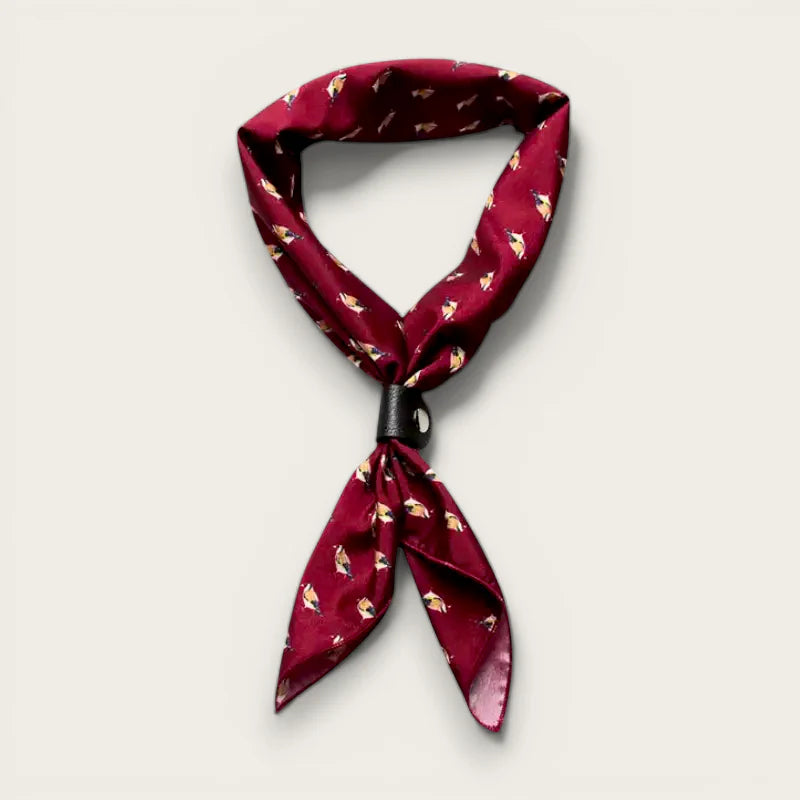 Maroon silk bandana neckerchief with golden fox pattern, knotted center