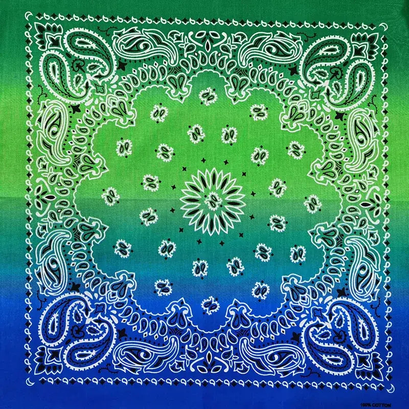 Vibrant Bandana Scarf Fashion with paisley floral patterns in white black blue on green-to-blue gradient