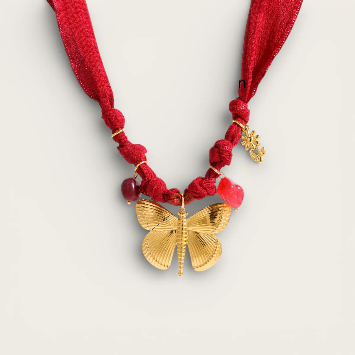 Bandana scarf necklace: gold butterfly pendant on red silk ribbon with ruby beads