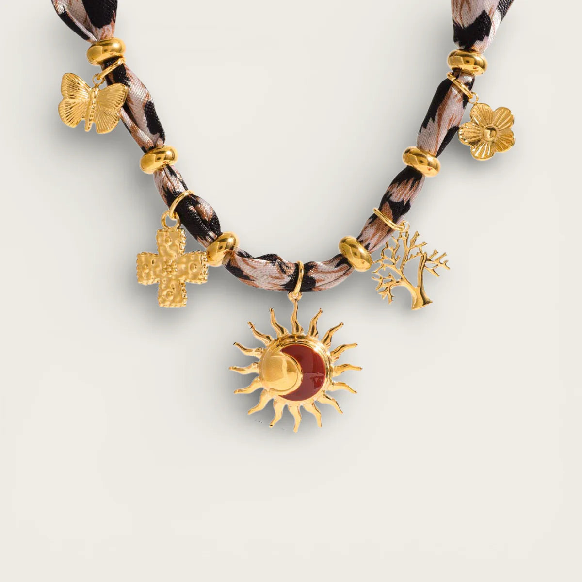 Bandana scarf necklace with gold charms, butterflies, flowers, sun-moon pendant