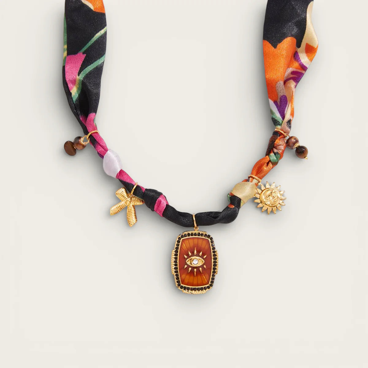 Bandana scarf necklace with amber eye enamel pendant, braided silk cords, gold charms