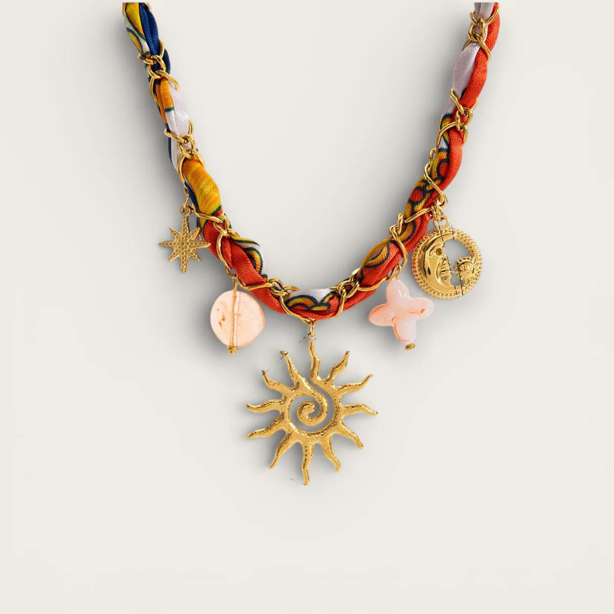 Vibrant multi-colored silk Bandana Scarf Necklace with gold sunburst and pink flowers