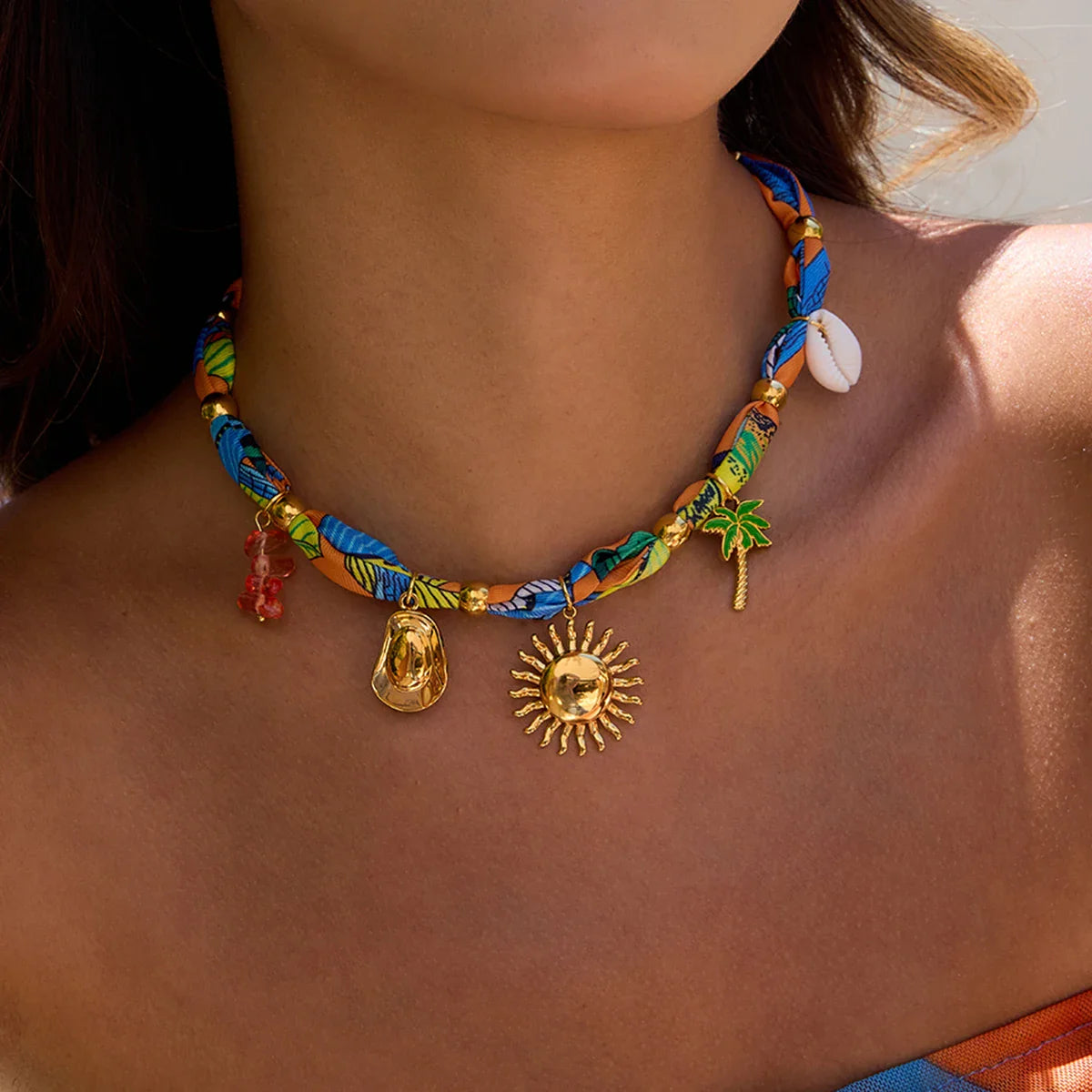 Vibrant multicolored Bandana Scarf Necklace choker with gold sun, palm tree, seashell charms