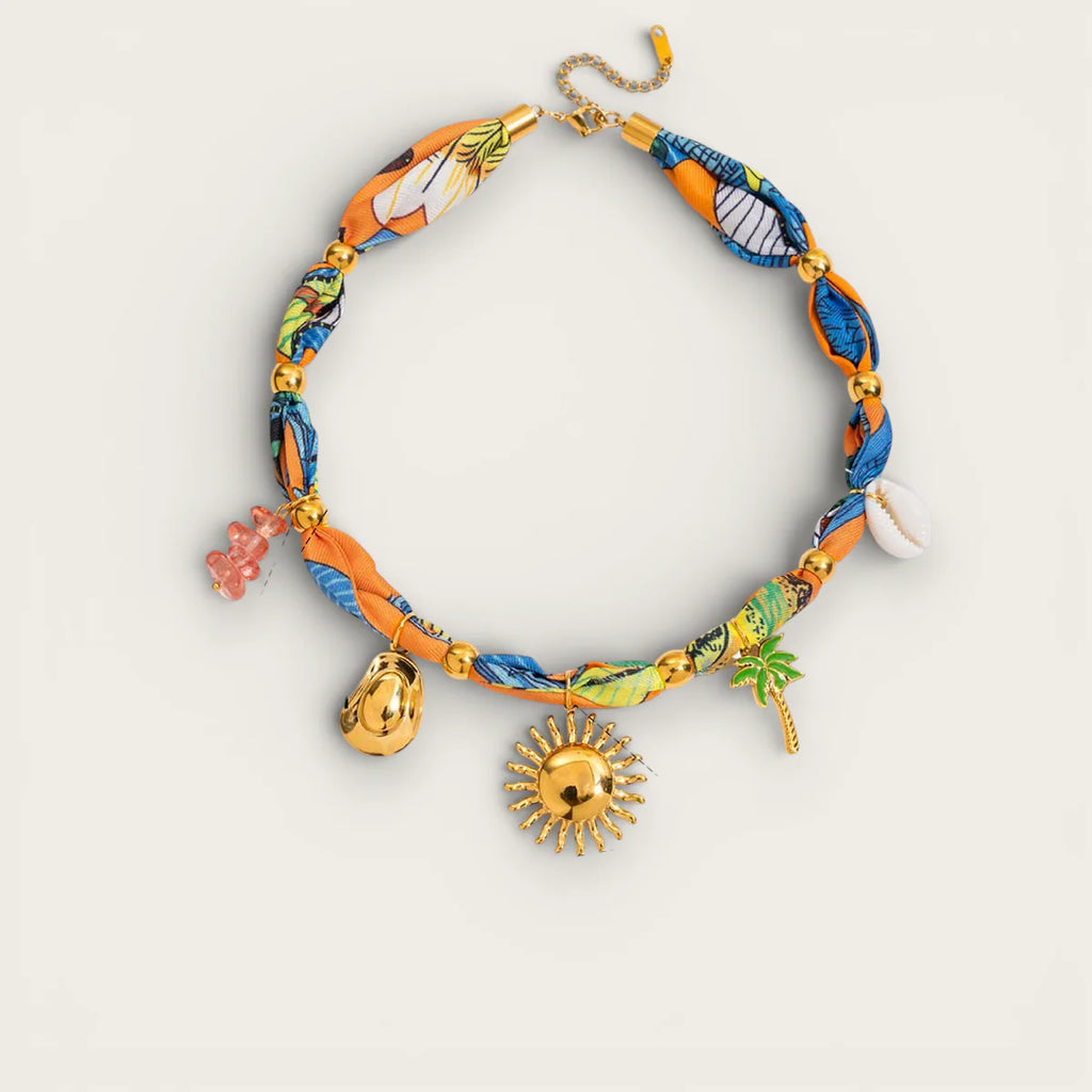 Vibrant orange blue Bandana Scarf Necklace with gold sun palm tree shell gummy bear charms