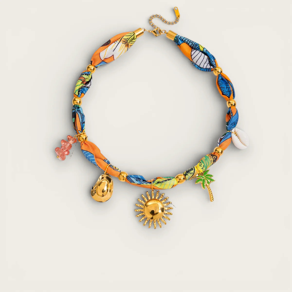 Vibrant orange blue Bandana Scarf Necklace with gold sun palm tree shell gummy bear charms