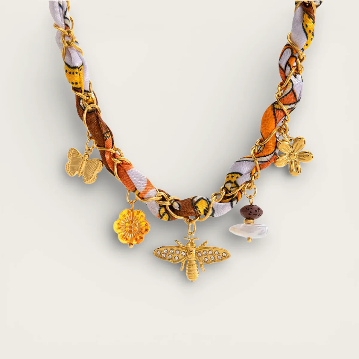 Vibrant Bandana Scarf Necklace with gold insect charms and sparkling bee pendant