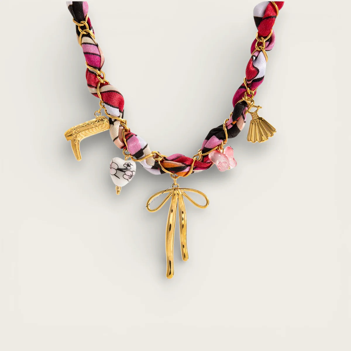 Vibrant pink black white striped silk Bandana Scarf Necklace with gold charms