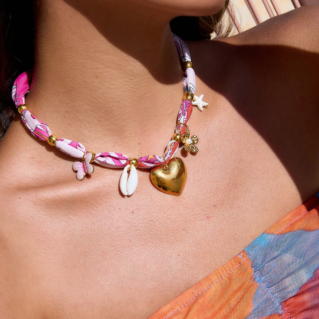 Vibrant pink white Bandana Scarf Necklace with gold beads heart cowrie butterfly starfish