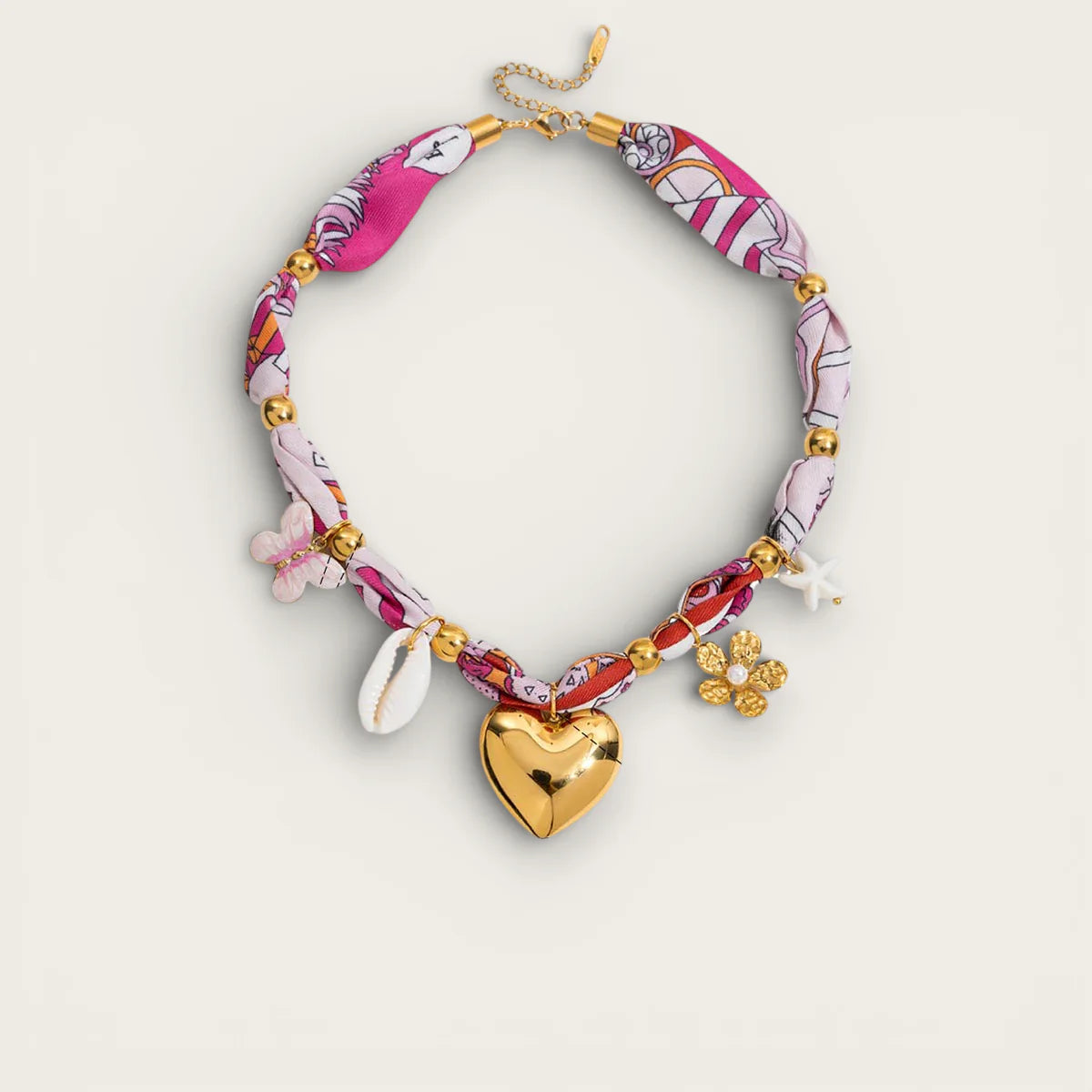 Vibrant pink white silk bandana scarf necklace with gold beads heart pendant charms