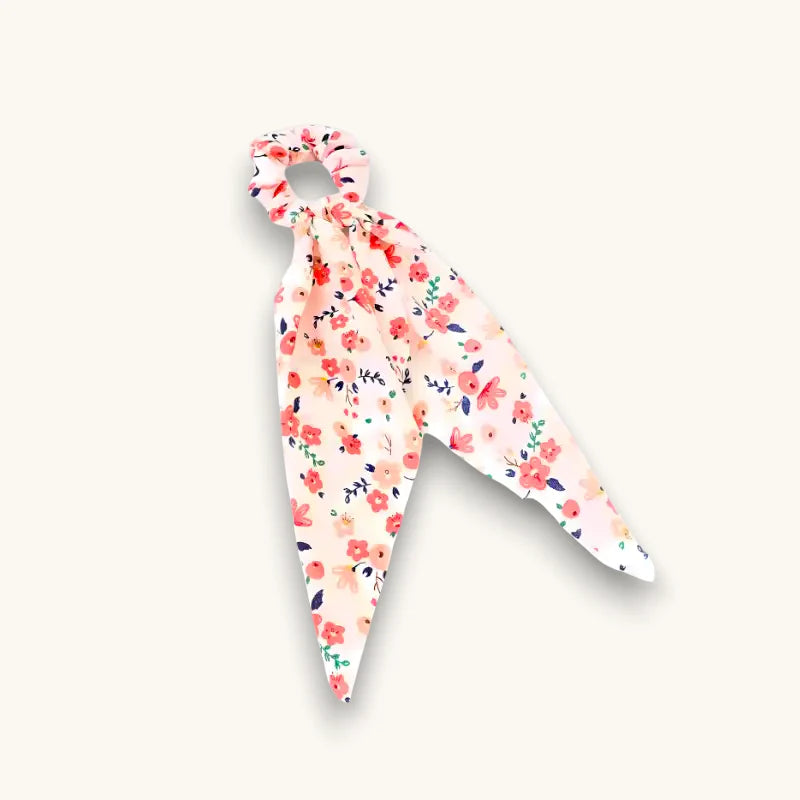 Delicate pink floral bandana scarf scrunchie with soft flowing design
