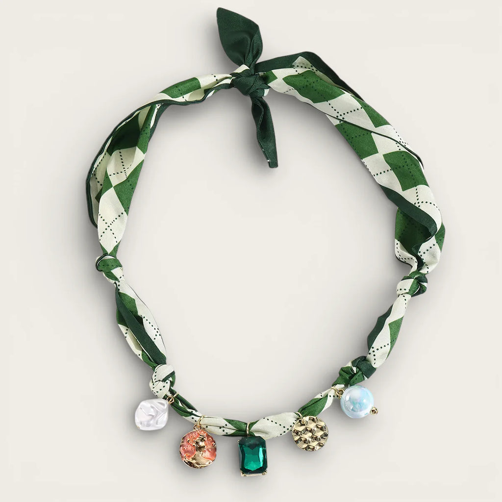 Green and white argyle silk Beaded Scarf Necklace with dangling charms