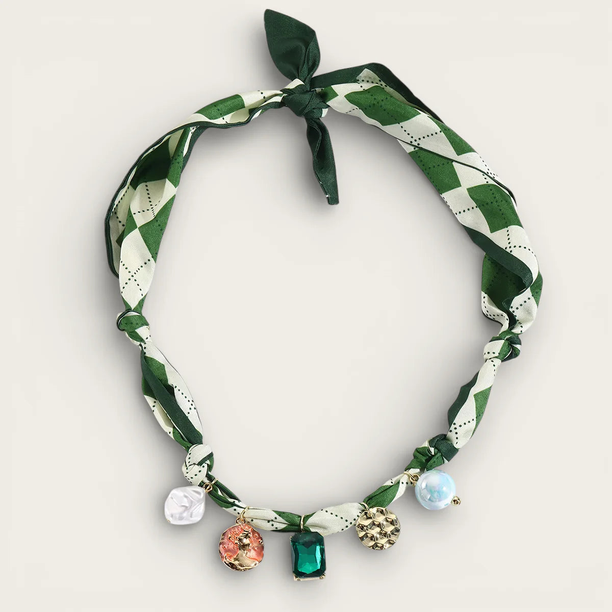 Green and white argyle silk Beaded Scarf Necklace with dangling charms