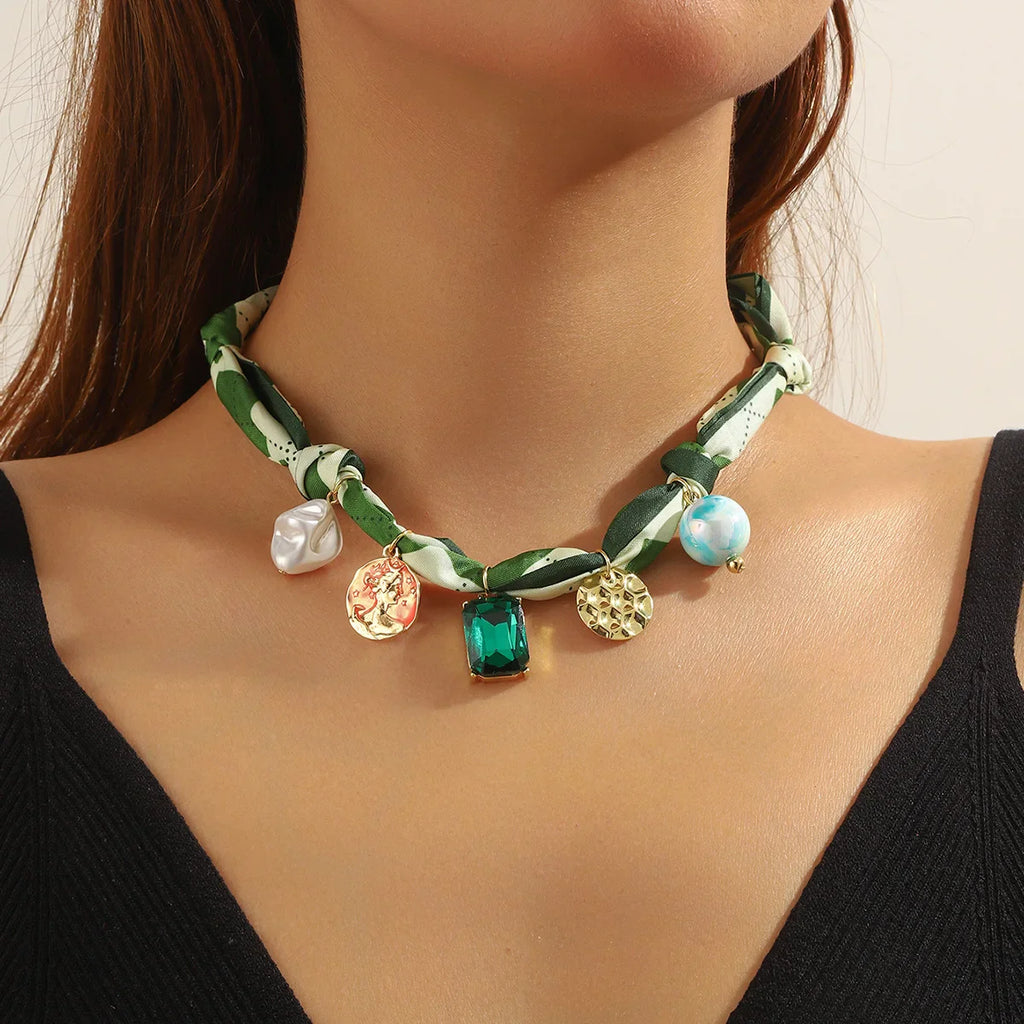 Green and white silk beaded scarf necklace choker with pearl charms