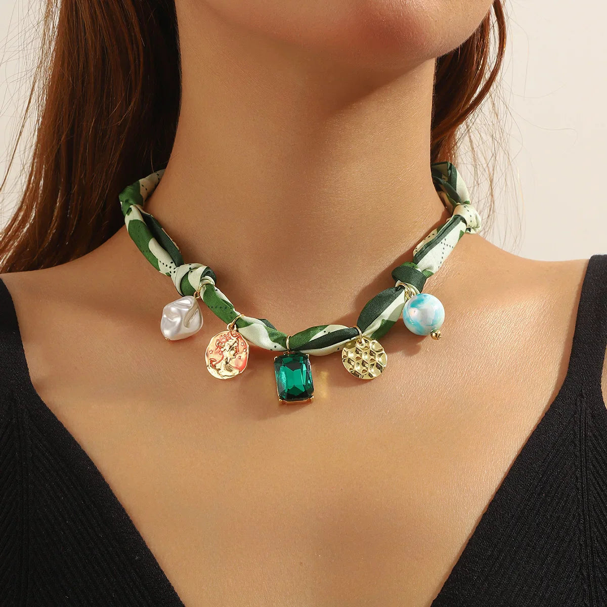 Green and white silk beaded scarf necklace choker with pearl charms