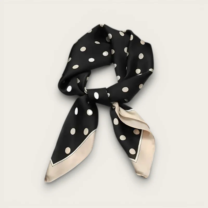 Beige and black polka dot silk scarf with cream trim