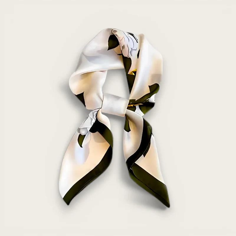 Beige head scarf with delicately tied white olive green silk floral pattern
