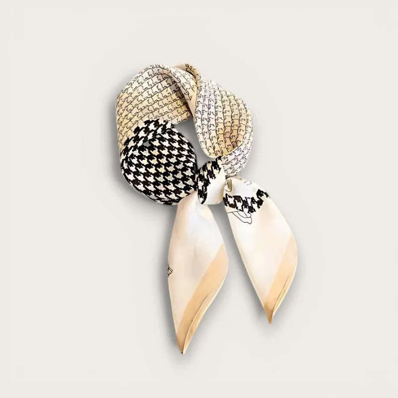 Beige satin scarf with cream black houndstooth silk pattern and beige gradient edges