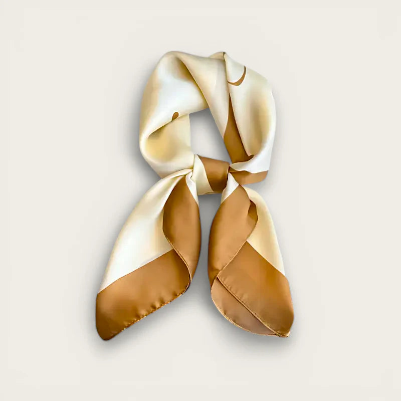 Cream and gold two-tone silk Beige Silk Scarf tied in neat knot