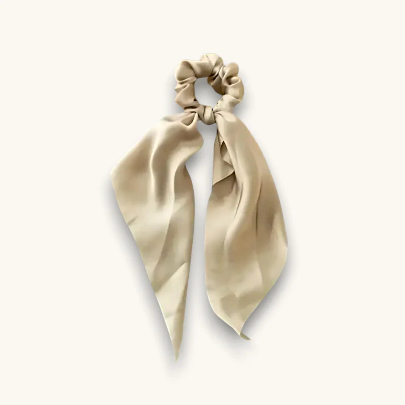 Beige silk scarf scrunchie with satin finish and flowing ribbon tails