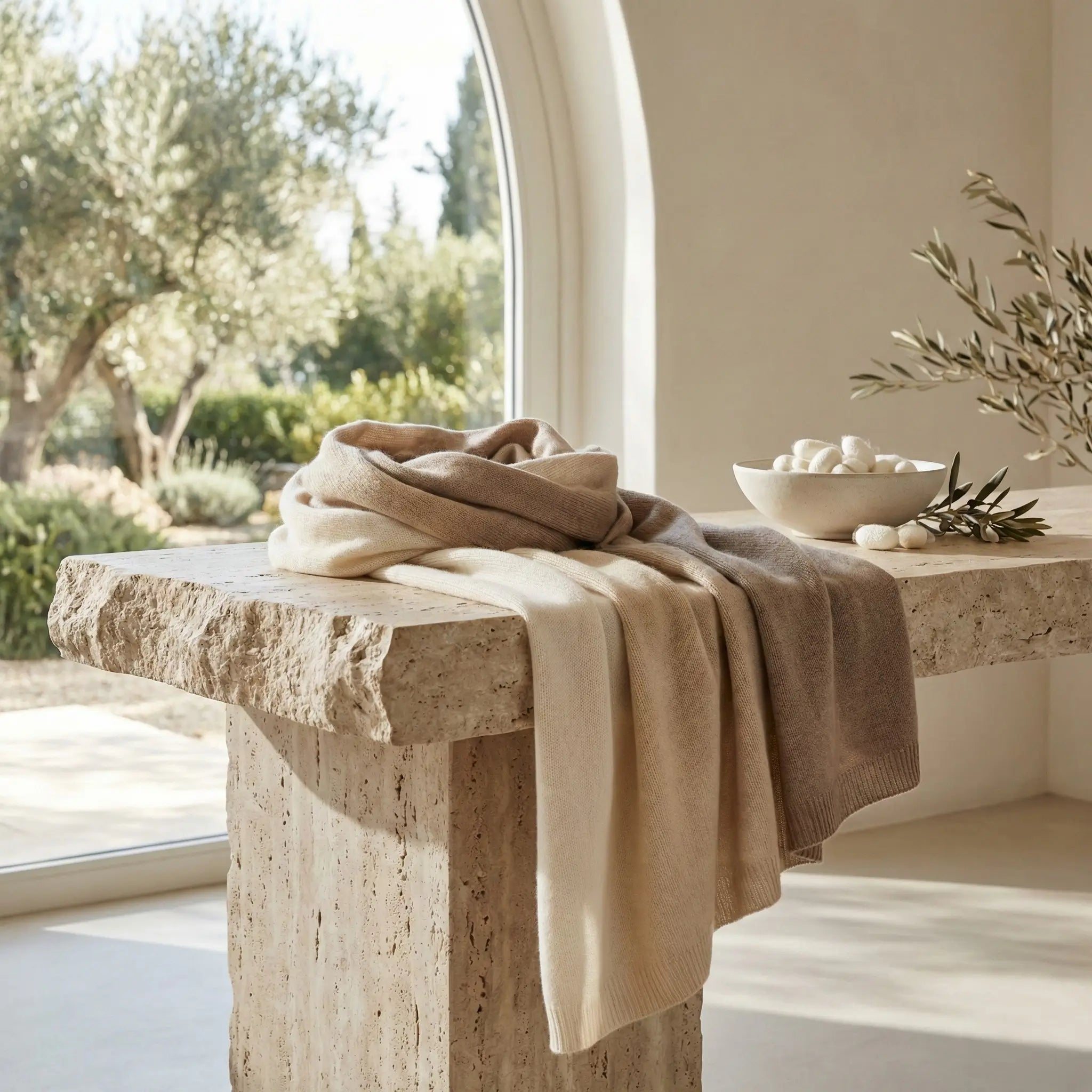 Soft beige cashmere knit scarf draped elegantly on a stone table in a sunlit room Image