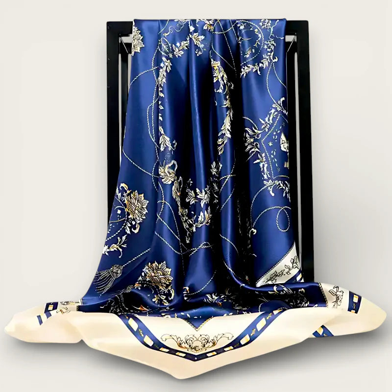 Big Blue Scarf: luxurious navy blue silk with gold cream floral embroidery