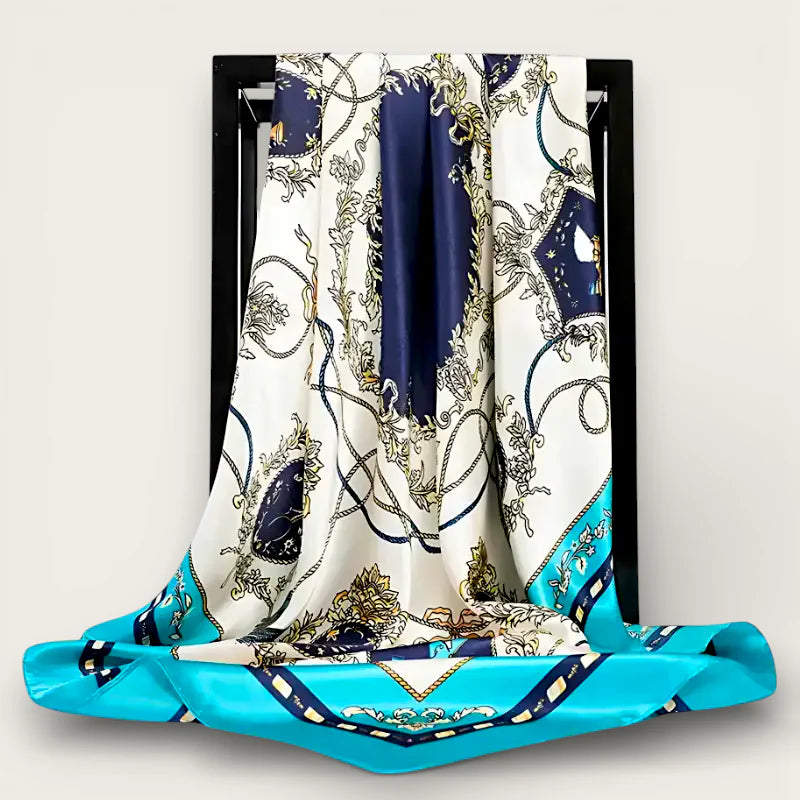 Big Blue Silk Scarf with navy blue turquoise ornate pattern on ivory