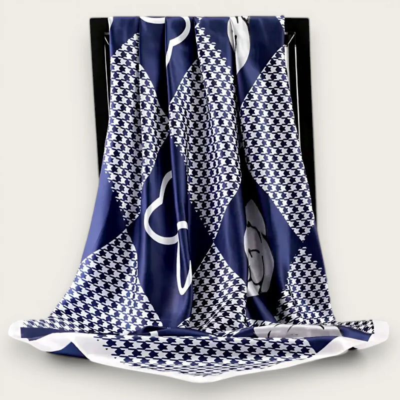 Big Blue Square Scarf in navy blue white houndstooth silk with hearts