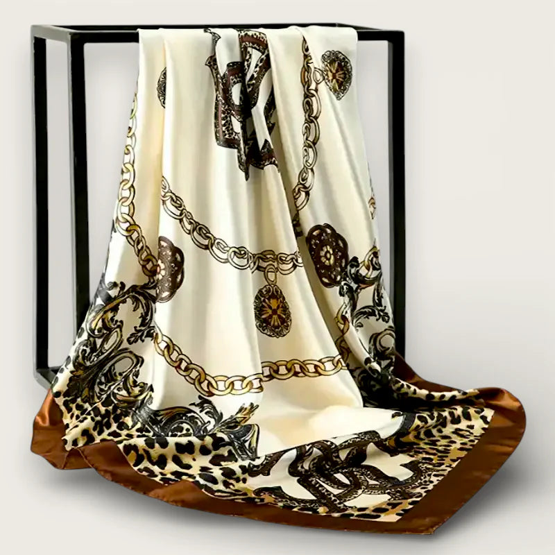 Big Brown Scarf: cream silk with gold black chain-link leopard prints, satin border