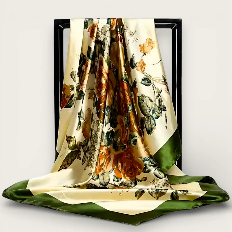 Big Green Scarf: cream silk with orange roses, green leaves, olive border