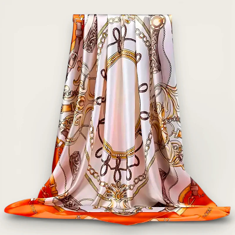 Big Orange Scarf: luxurious peach orange silk with gold chain-link pattern