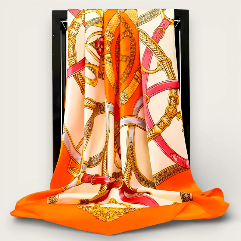 Big Orange Silk Scarf with vibrant orange cream silk and gold pink silver belt pattern