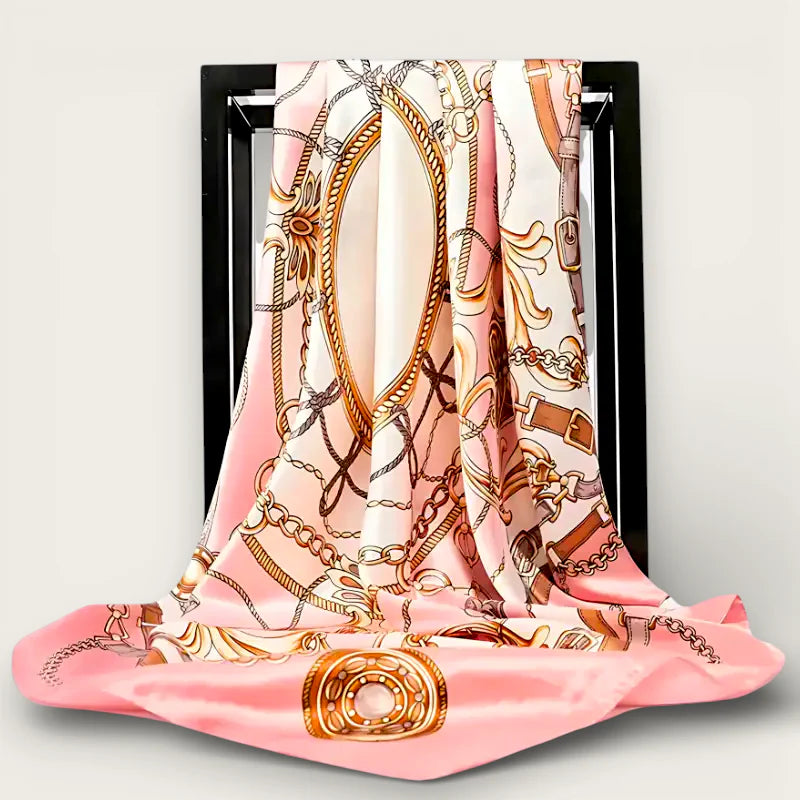 Big Pink Scarf: pink silk with gold-brown chain, buckle, mirror pattern