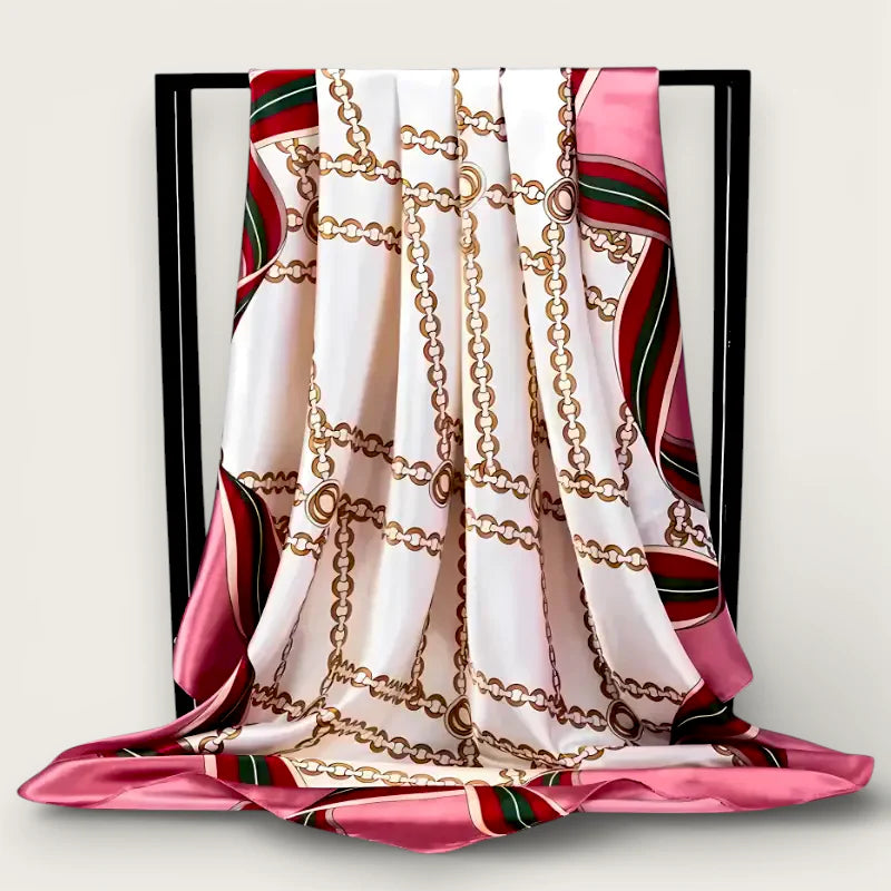 Big Pink Silk Scarf with gold chain pattern and striped accents
