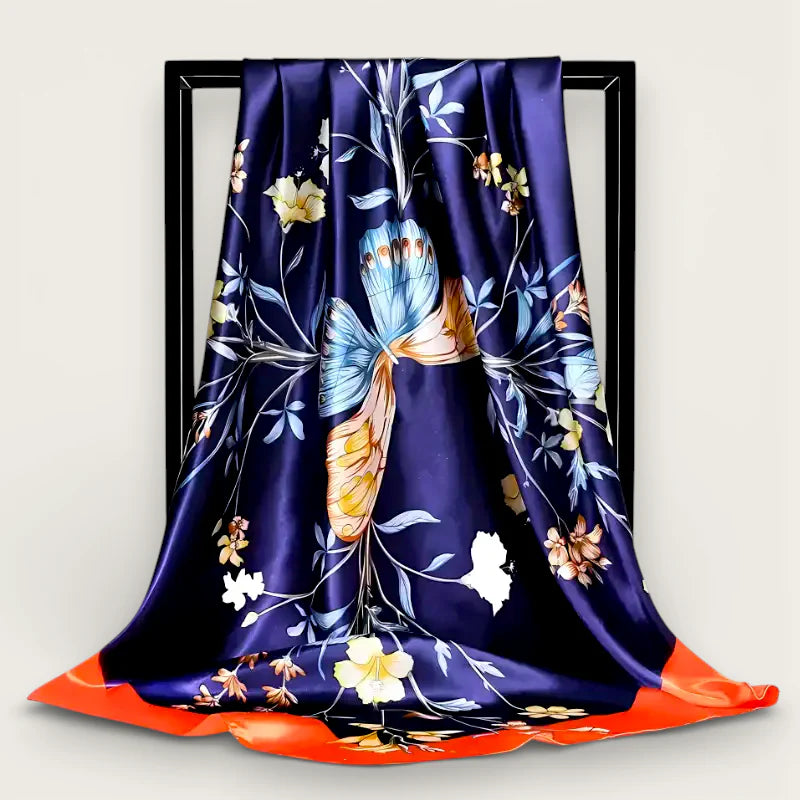 Big Purple Scarf: luxurious navy blue silk with butterfly floral pattern